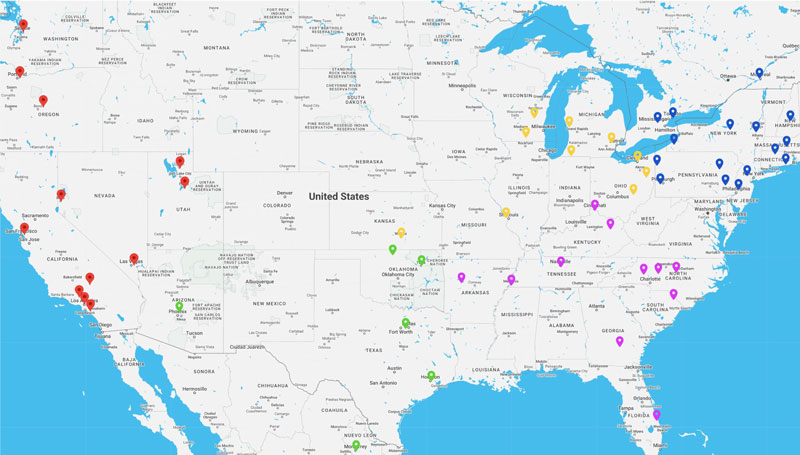 Map of PCC facility locations across the United States